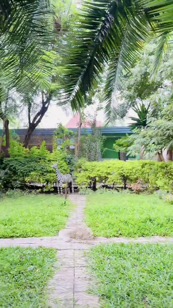 Lush manicured green lawn with zebra garden statue surrounded by tropical palms at Gibe Hotel